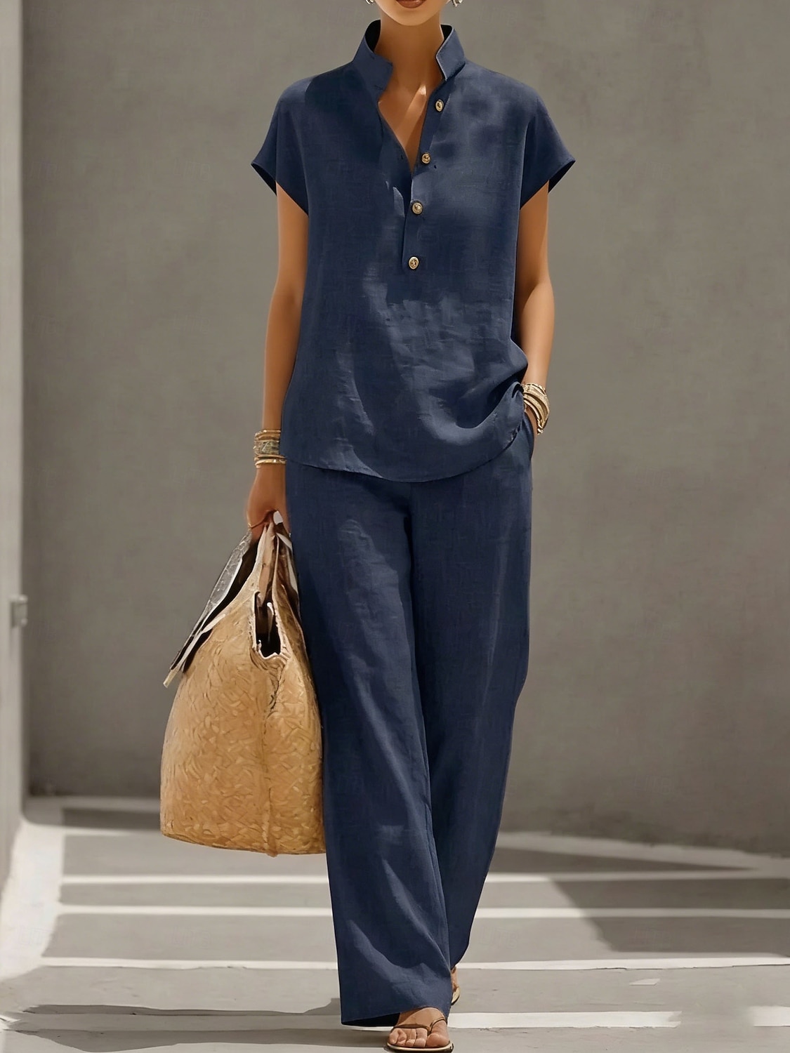 Pentru femei Seturi de pantaloni In din bumbac artificial Manșon scurt Guler de stand Culoare solidă Modă Șic Stradă Casual Zilnic În aer liber Albastru piscină Galben Trifoi Primavara vara Potrivire 2026 - $17.49 –P6