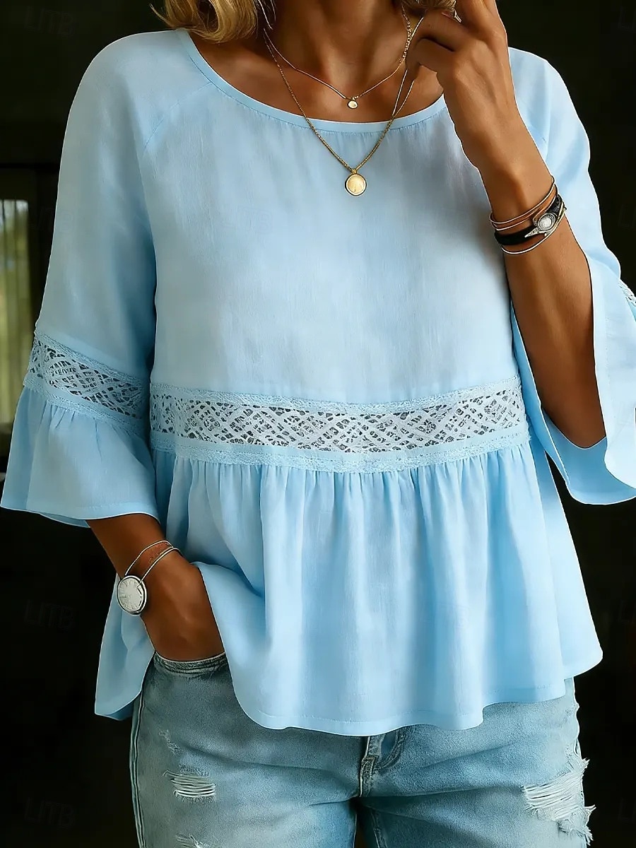 Per donna Blusa Volant Traforato Tinta unica Lussuoso Casual Manica 3/4 Girocollo Top Regolari Quotidiano Bianco Giallo Verde chiaro Rosa Viola chiaro Estate Primavera Autunno del 2026 a $25.99 –P6