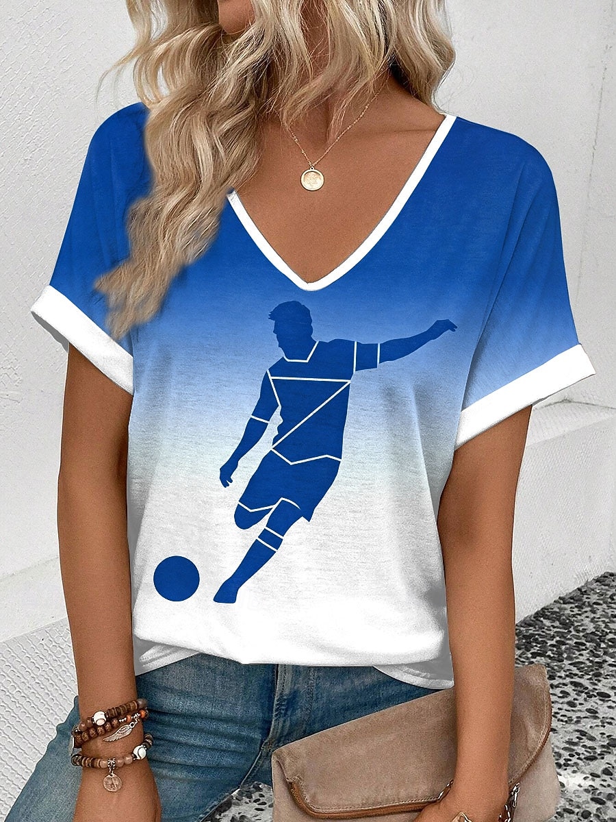 World Soccer Match 2026 Women's T Shirt Print Ombre Graphic Color Block Vintage Stylish Classic Short Sleeve V Neck Regular Tops Daily Weekend Vacation Wear Blue White-Blue White Summer Spring 2026 - $21.99 –P1