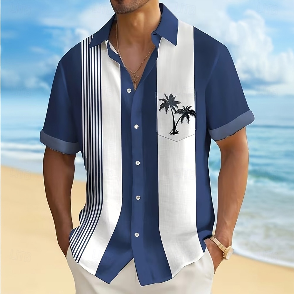 Men's Coconut Tree Striped Tropical Plants Summer Hawaiian Shirt Button Up Shirt Aloha Shirt Short Sleeve Hawaiian Vacation Summer Spring Turndown 3D Print Collared Shirts Front One Pocket Blue Red 2026 - $25.99 –P3
