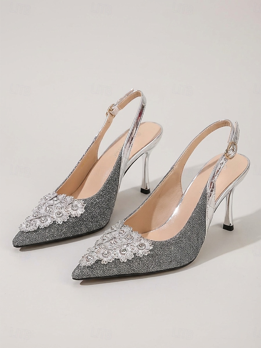 scarpe con tacco slingback impreziosite in argento da donna - eleganti scarpe da invitata per matrimoni in città del 2026 a $34.99 –P1