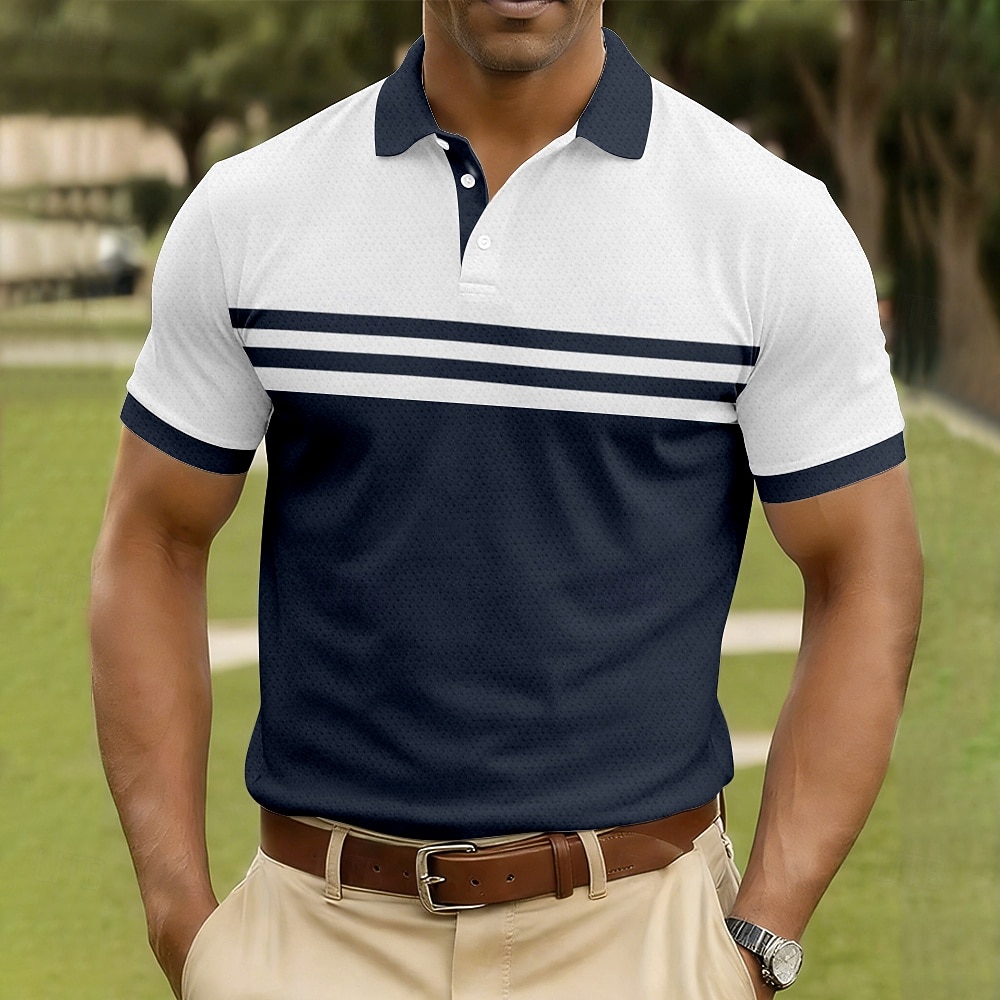 Homme Rayé Polo Manche Courte Polos Chemises à Col Occasionnel Athleisure Boutons Printemps & Été Bleu Blanche bleu marine de 2026 ? $22.99 –P4