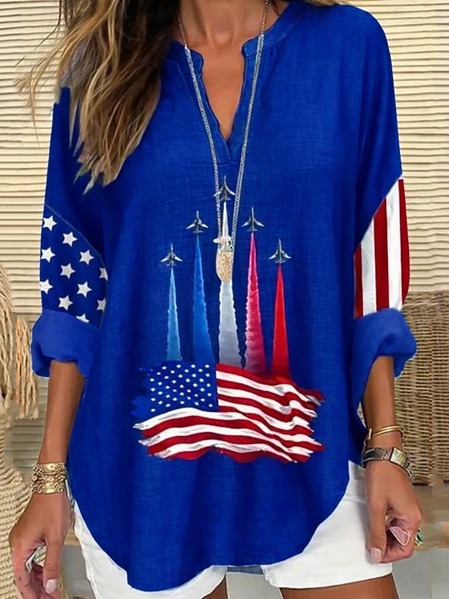 día de la independencia americana Mujer Blusa Estampado Graphic Bandera Vintage Tropical Hawaiano Manga Larga Escote en Pico Tops regulares Diario Festivos Ropa de playa Azul Piscina Negro Blanco Rojo 2026 - $32.99 –P5