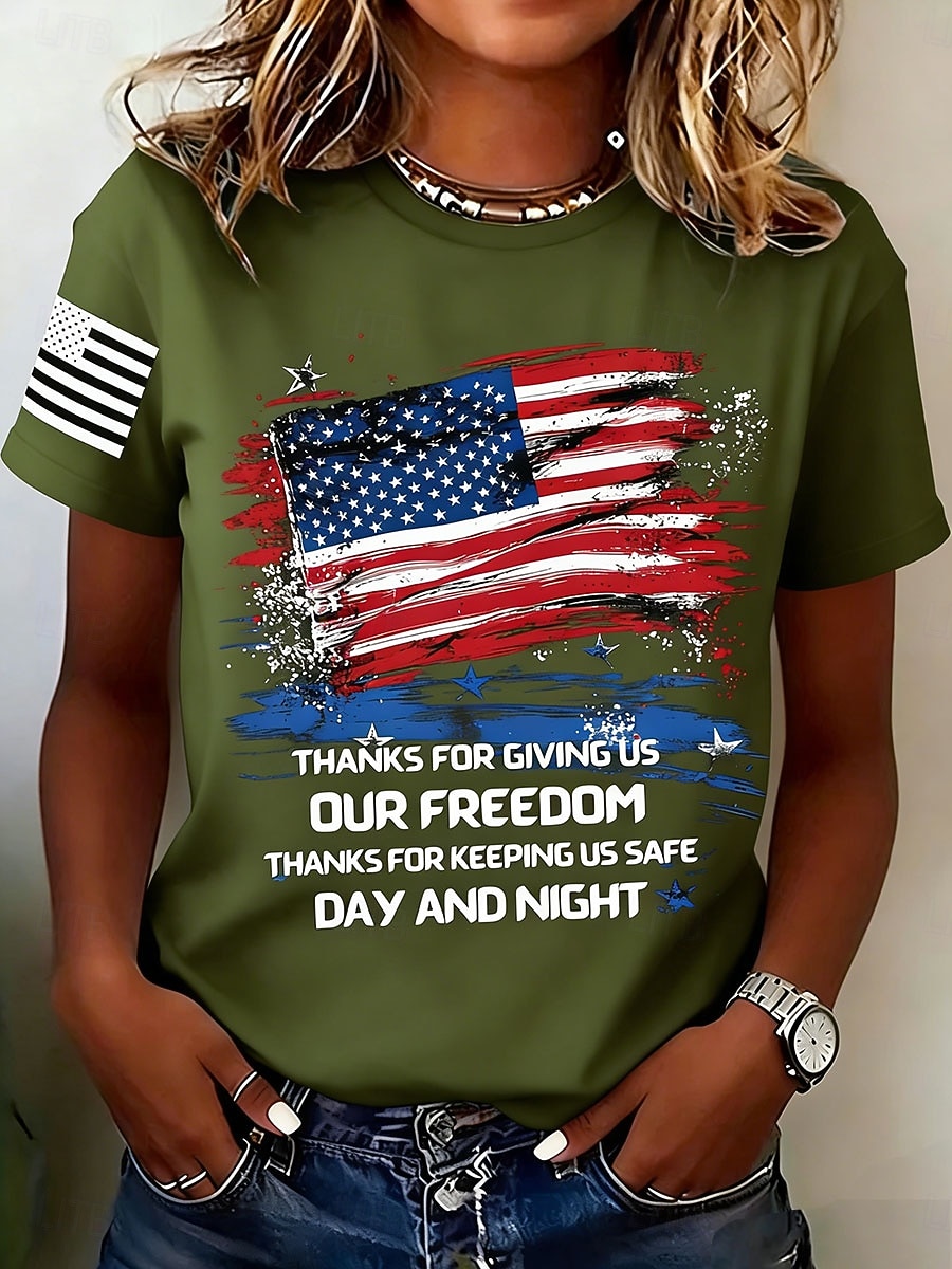День независимости США Жен. Футболка С принтом Графика Флаг Буквы Винтаж Стиль Классика С короткими рукавами Вырез под горло Обычные топы Повседневные Синий Черный Красный Зеленый Бежевый Лето Весна 2026 - $22.99 –P4