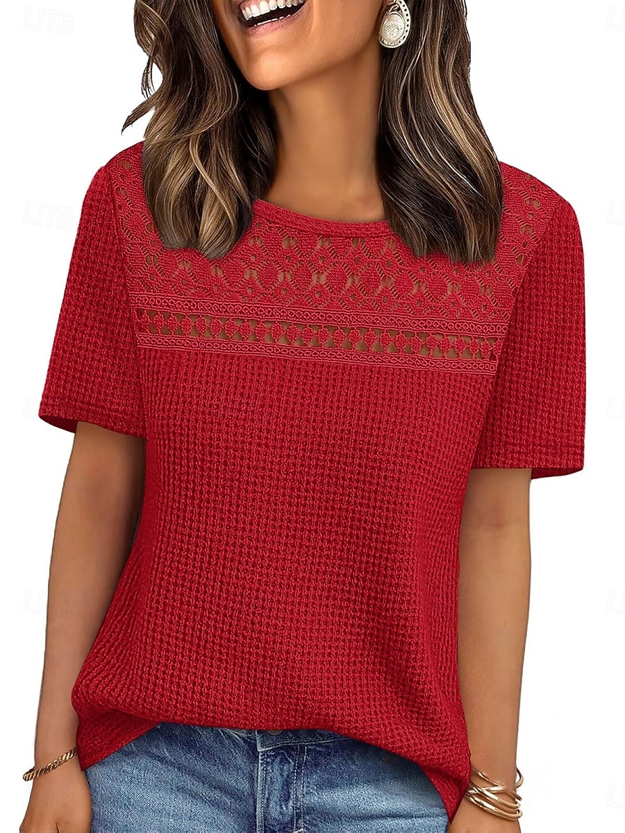 Women's Eyelet Top T Shirt Tee Top Solid Color Fashion Classic Casual Short Sleeve Crew Neck Regular Tops Daily Going out Weekend Black Red Navy Blue Khaki Summer Spring 2026 - $24.99 –P5