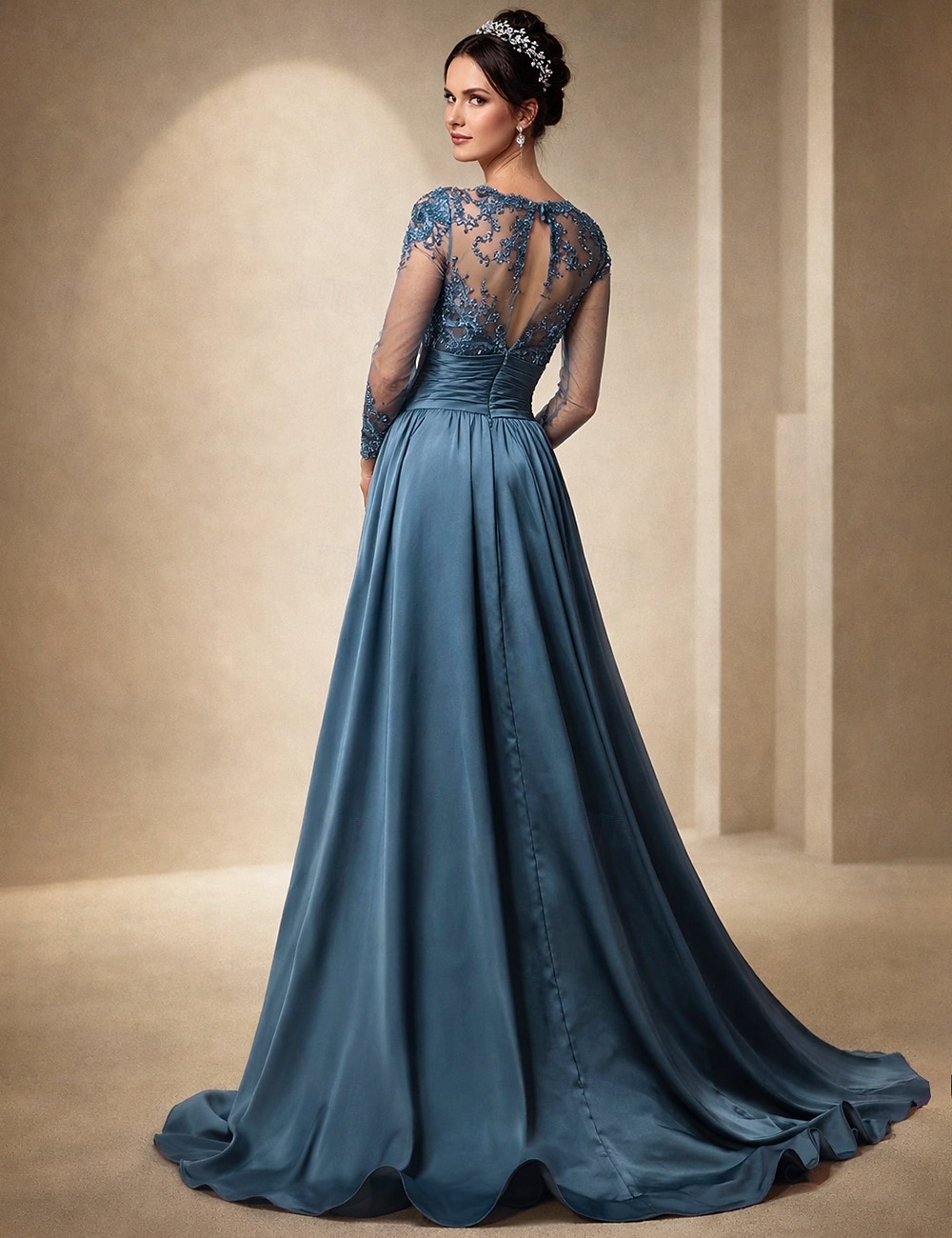 Trompetă  Sirenă Mătura Trenă Rochie pentru invitata de nunta Rochie formala Rochie de seara Rochie Mama Miresei Manșon Lung Bijuterie Elegant Invitat la nunta Seară Formală Satin întins cu Dantel 2026 - $209.99 –P2