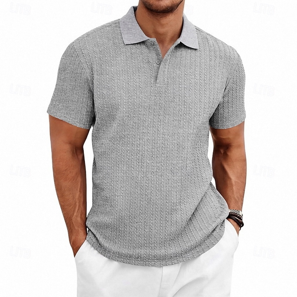 Herren Zopfstrick-Poloshirt Textur Geschäft Urlaub Revers Kurzarm Mode Modern Einfach Knöpfe Atmungsaktiv Sommer Frühling Schwarz Weiß Wein Marineblau Grün Khaki Zopfstrick-Poloshirt 2026 - $21.99 –P8
