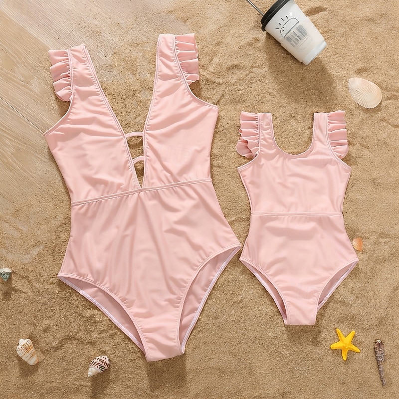 Mommy and Me Swimsuit Jumpsuit Solid Color Casual Ruched Black Pink Sleeveless Active Matching Outfits 2026 - $28.99 –P9