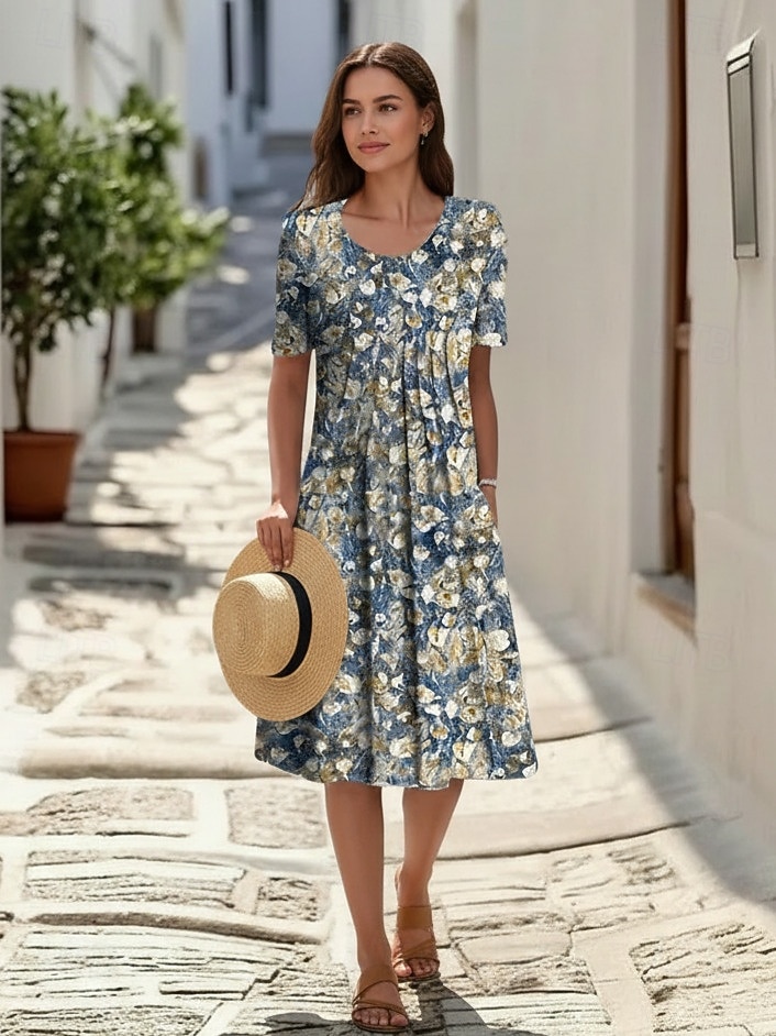 Women's Midi Dress Faux Cotton Linen Shift Dress Casual Dress Summer Dress Fashion Modern Daily Beach Weekend Regular Fit Floral Short Sleeve Crew Neck Blue White Red Navy Blue Summer 2026 - $27.99 –P2