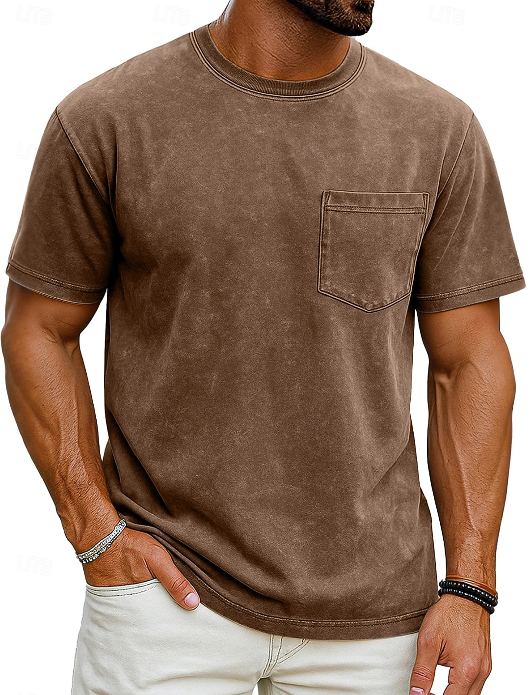 Herr T-shirt Tvätta skjorta i 100 % bomull Kortärmad Rund hals Sommar Vår Alla årstider Ensfärgat Elegant Vintage Neutral Ficka Färgade plagg Bedrövad Ledigt Hem Utomhus Svart Rosa Brun Topp t-shirt 2026 - $20.99 –P4