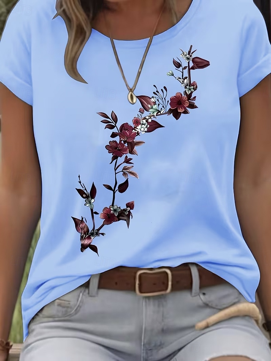 Women's T Shirt Print Floral Graphic Stylish Classic Casual Short Sleeve Crew Neck Round Neck Regular Tops Daily Blue White Pink Gray Summer Spring 2026 - $22.99 –P4