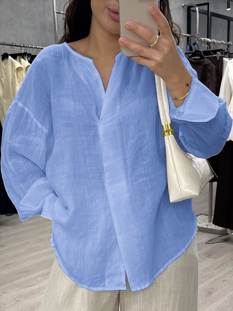Damen Bluse Baumwollhemd Einfarbig Täglich Stilvoll Basic Langarm V Ausschnitt Normale Oberteile Täglich Blau Weiß Gelb Rosa Grün Sommer Frühling Herbst 2026 - $27.99 –P5