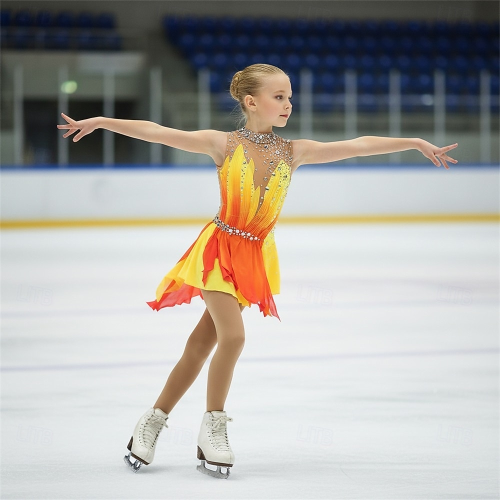 Kunstschaatsjurk Voor meisjes Schaatsen Jurken Rood / geel Lapwerk Open achterkant Rekbaar Opleiding Wedstrijd Kunstschaatskleding Klassiek Kristal / Bergkristal Mouwloos Schaatsen Kunstschaatsen 2026 - $244.29 –P1