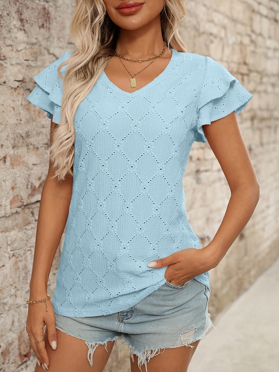 Mulheres Camisa Social Topo de ilhó Blusa Patchwork Tecido à moda Clássico Moderno Manga Curta Decote V Tops regulares Diário Feriado Para Noite Preto Azul Céu Roxo Claro Laranja Verde Verão Primavera de 2026 por $22.99 –P6