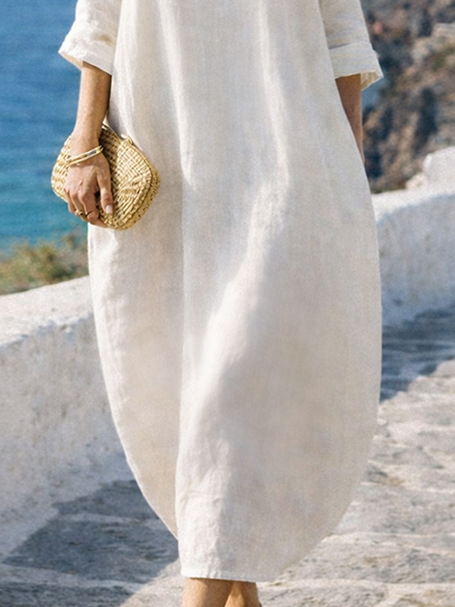 Vestido largo de mujer 100% algodón, vestido recto de lino sintético, caftán, moda moderna, diario, vacaciones, salidas, corte holgado, liso, manga larga, cuello redondo, blanco, verano, primavera, otoño 2026 - $28.99 –P3