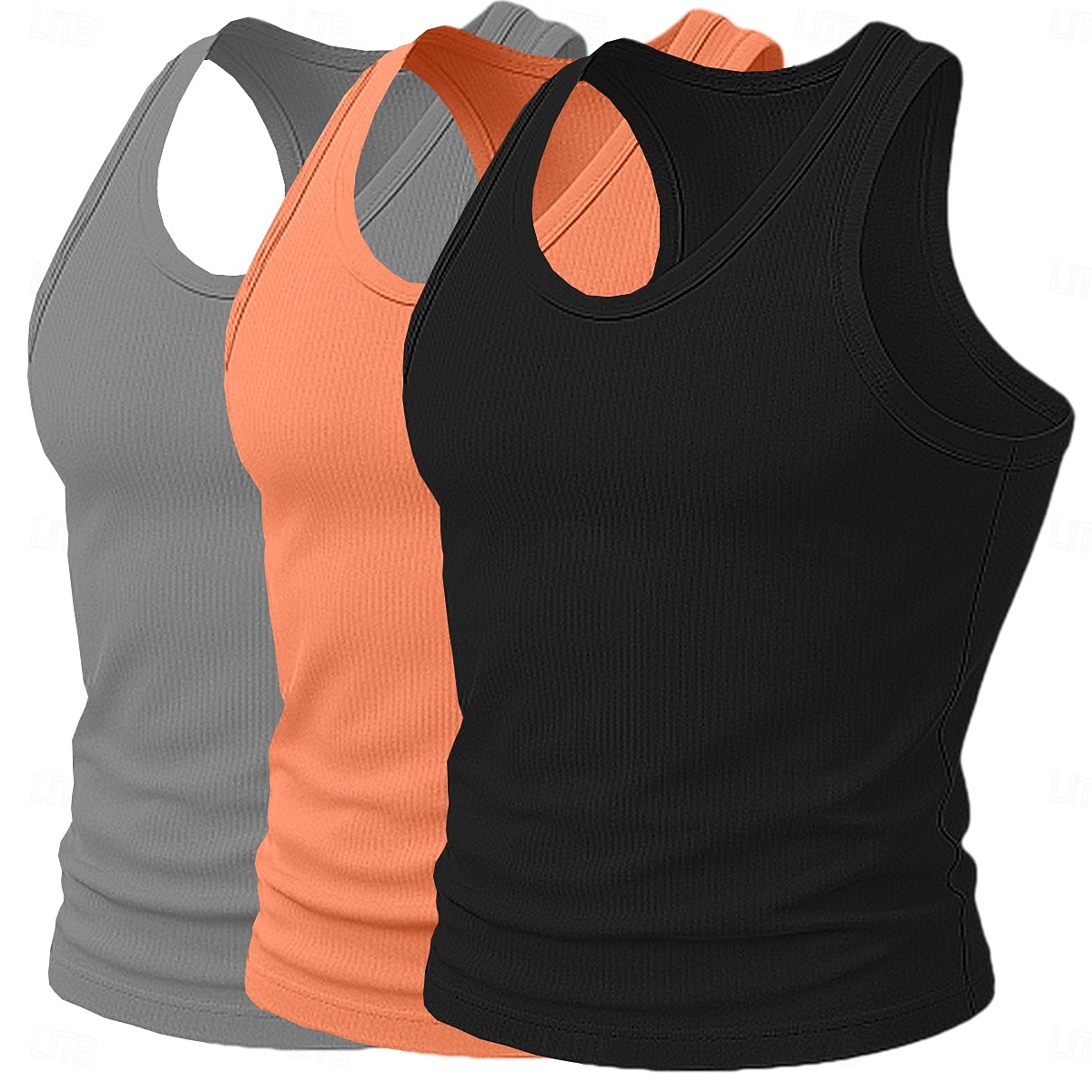 Homens Malha Íntima Camiseta Interior camisa sem manga camisa muscular Sem Manga Decote em U Profundo Scoop pescoço Decote em U Verão Côr Sólida Pit Strip Moda Designer Esportivo 3 Peças Estriado Puro de 2026 por $31.99 –P12