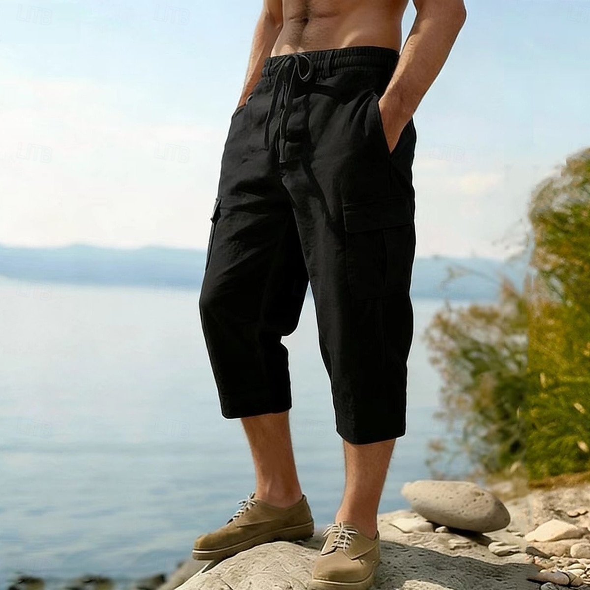 Homme Pantalons en Lin Pantalon capri Pantalon d'été Cordon de serrage Taille Élastique Multi-poches Uni Confort Respirant Longueur mollet Occasionnel Quotidien Extérieur Vacances Mode Bleu Noir Non de 2026 ? $24.99 –P3