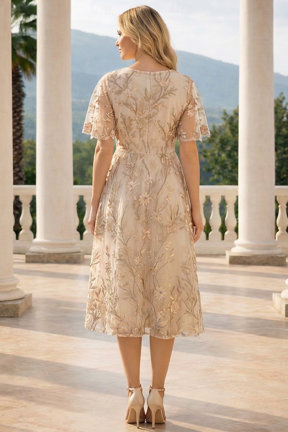 גזרת A באורך הקרסול שמלת חולצה שמלה רשמית שמלה לאם הכלה  שרוולים קצרים צווארון עגול קצר אלגנטית וינטאג' פַּסטֵל רשמי שיפון טול עם הדפס פרחוני פפיון(ים) ריקמה 2026 - $171.99 –P4