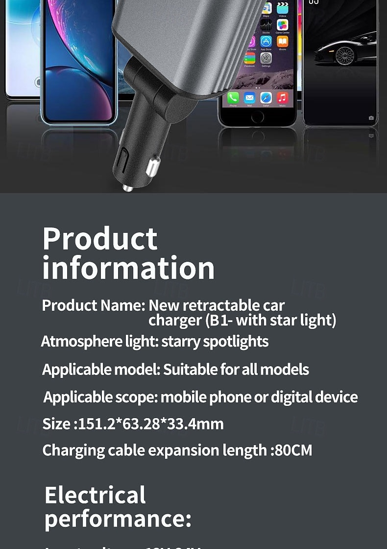 Cargador rápido para coche 5 en 1 de 180 W, adaptador de corriente USB tipo C, cargador de teléfono retráctil con luz de techo tipo estrella para teléfonos iOS y Android. 2026 - $24.99 –P12