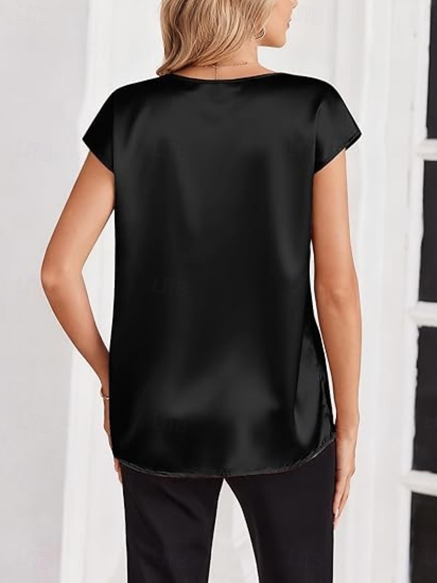 Dames satijnen top T-shirt Effen Elegant Modieus Stijlvol Korte mouw V-hals Normale tops Dagelijks Uitgaan Weekend Champagne Goud Wijn Rood Koffie Zomer Lente 2026 - $19.99 –P6