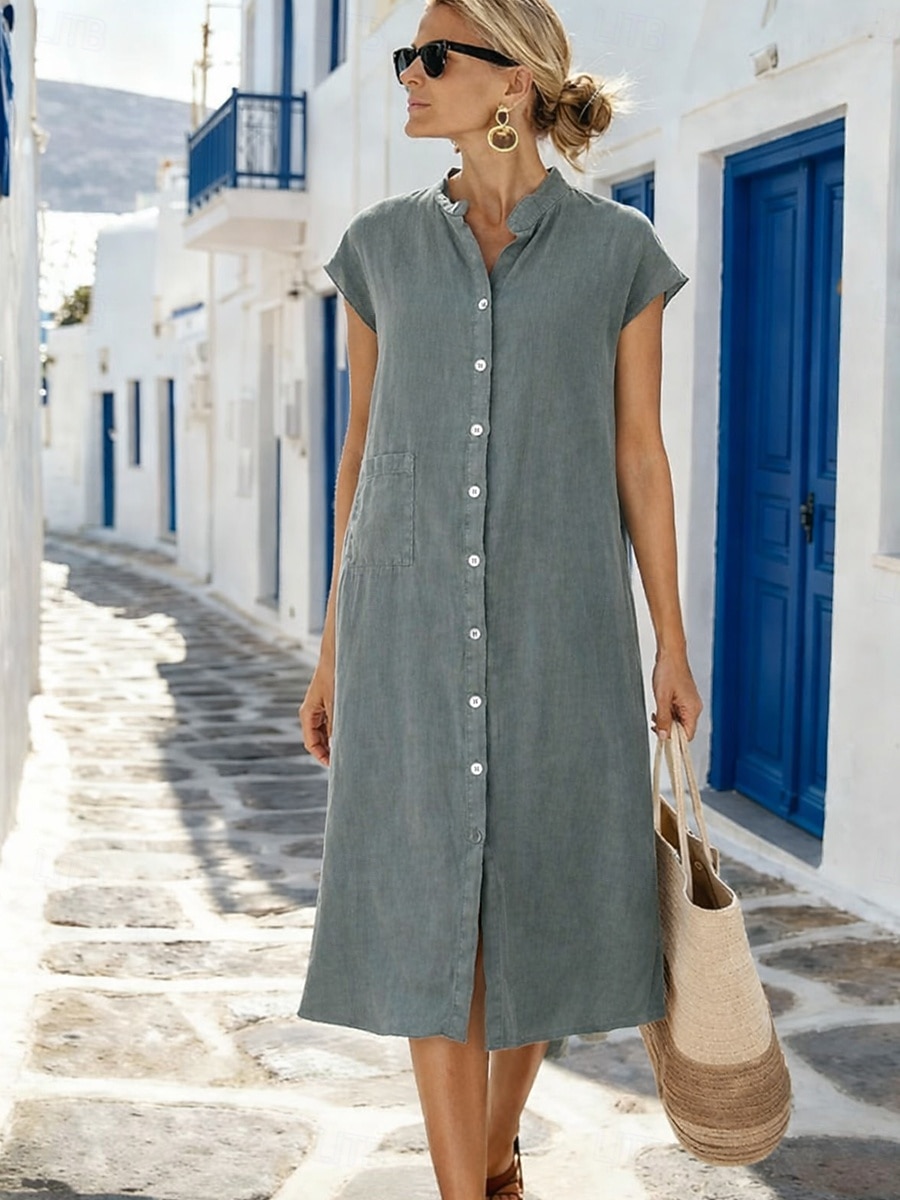 Femmes Robe Midi Robe fourreau Robe d'été Occasionnel Quotidien Coupe Ample Uni Manche Courte Col haut Vin bleu marine Gris Été de 2026 ? $33.99 –P6