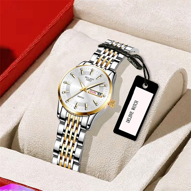 Luxe dameshorloge, tweekleurige goud-zilveren roestvrijstalen band, lichtgevende wijzers met datum- en dagweergave, elegante zwarte wijzerplaat met diamanten accenten, een stijlvol polshorloge voor 2026 - $22.99 –P4