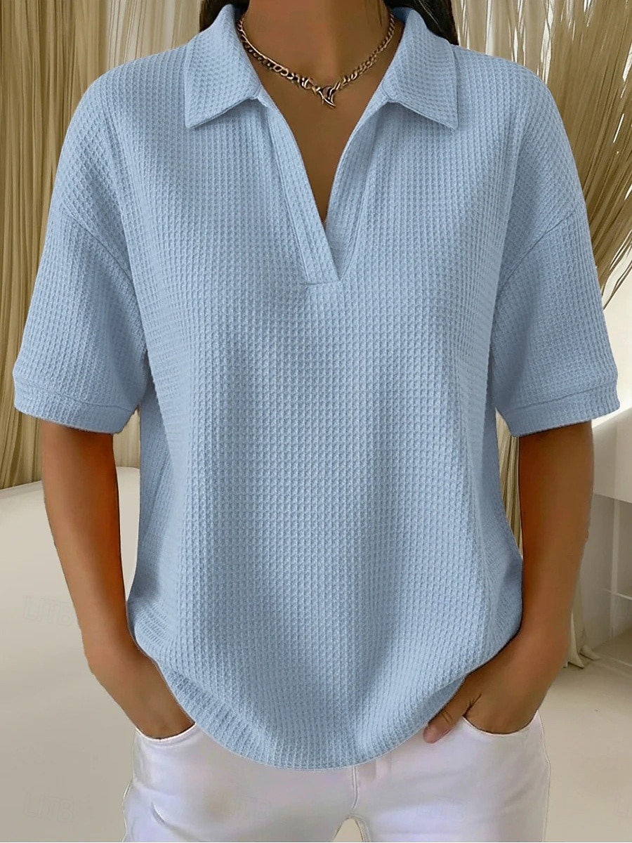 Dámské Tričko Polokošile Trička Vaflově pletené topy Bez vzoru Módní stylové Základní Krátký rukáv Košilový límec Běžné topy Denní Jdeme ven Víkend Vodní modrá Černá Bílá Oranžová Trávová zelená Léto 2026 - $27.99 –P13