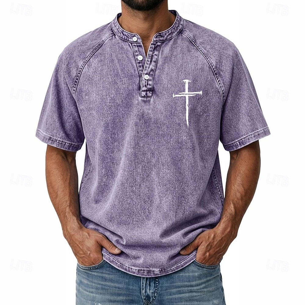 Herren Kreuz Jeans hemden Hemd aus 100 % Baumwolle in Säurewaschung Henley Oberteil Kurzarm Vintage Lässig Betrübt Lässig Heim Straße Frühling & Sommer Herbst Winter Sommer Schwarz Rosa Leicht Grün 2026 - $31.99 –P3