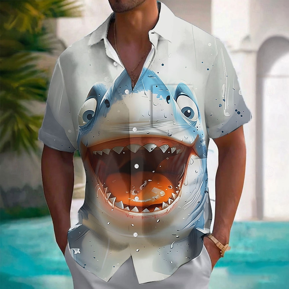 Herre Dyr Hai Morsom Hawaii skjorte Skjorte med knapper Aloha skjorte Kortermet Hawaiisk Feriereise Sommer Vår Aftæpning 3D-utskrift krage skjorter Front One Lomme Blå Hvit 2026 - $25.99 –P2