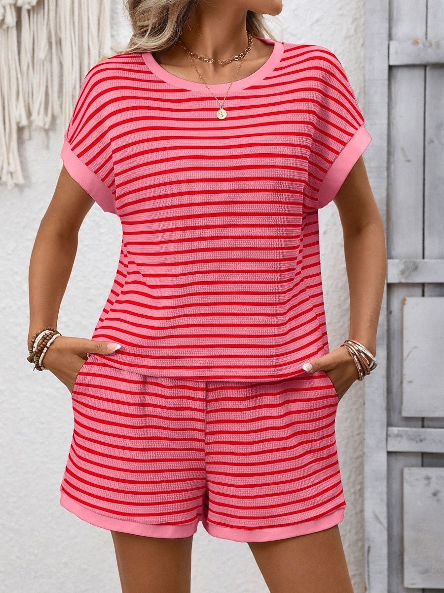 Women's Two Piece Sets Shorts Sets Short Sleeve Crew Neck Striped Fashion Streetwear Casual Daily Outdoor Black Pink Dark Pink Summer Regular Fit 2026 - $37.99 –P19