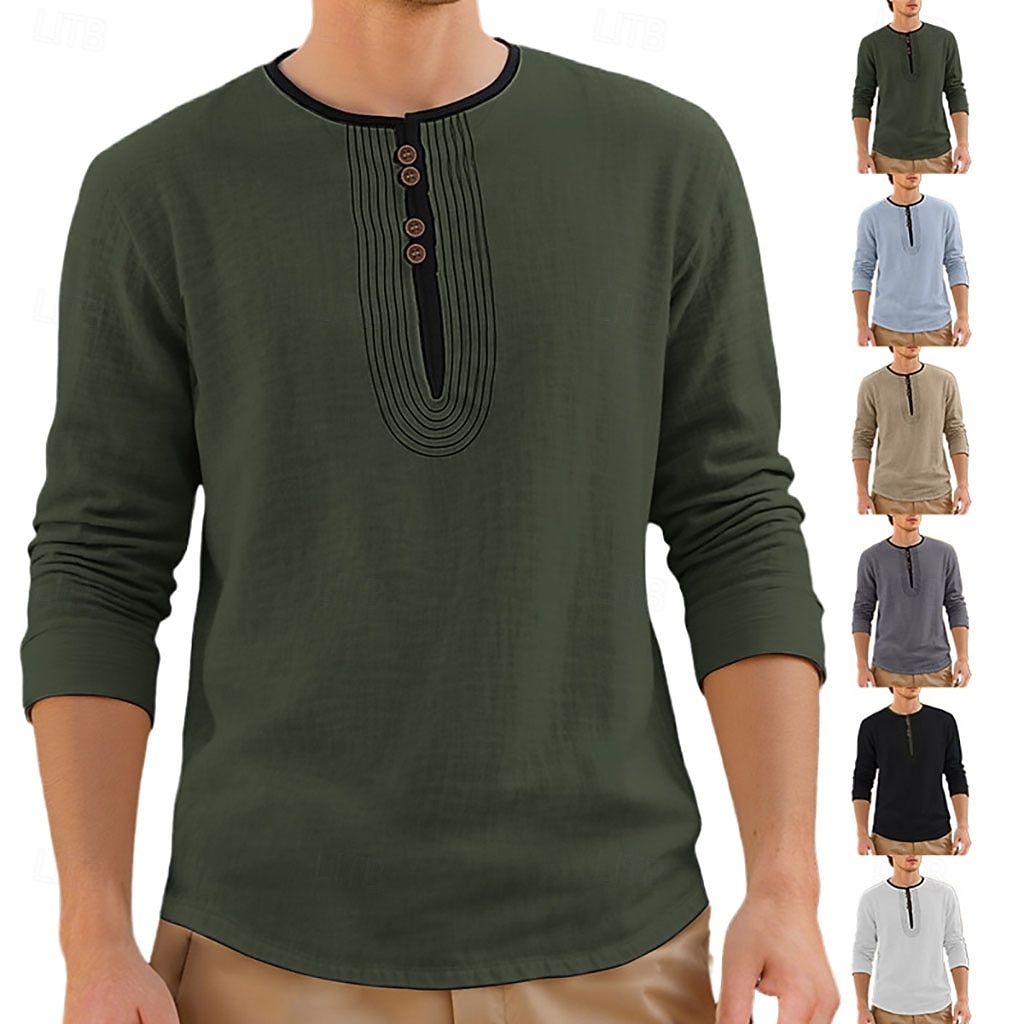 Pánské Tričko Tričko Henley Bavlněné plátěné tričko Dlouhý rukáv Henley Léto Jaro Barevné bloky Vinobraní Šik ven stylové Slátanina Barevné bloky Knoflíky Ležérní Denní Venkovní Bílá Černá Khaki Top 2026 - $22.99 –P1