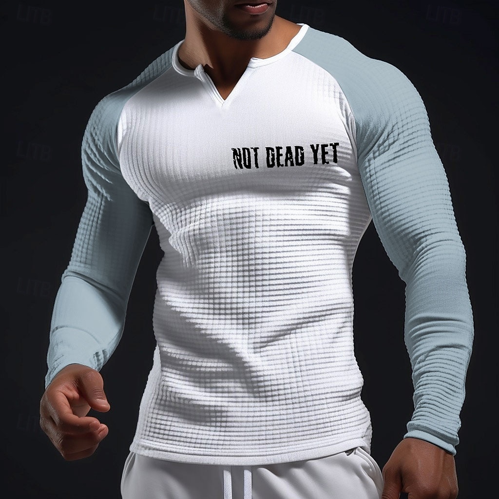 T-shirt henley raglan à manches longues pour homme, style sportif et motivant, avec slogan « Not Dead Yet » (pas encore mort), coupe ajustée, en maille gaufrée texturée, idéal pour la salle de sport, de 2026 ? $23.99 –P3