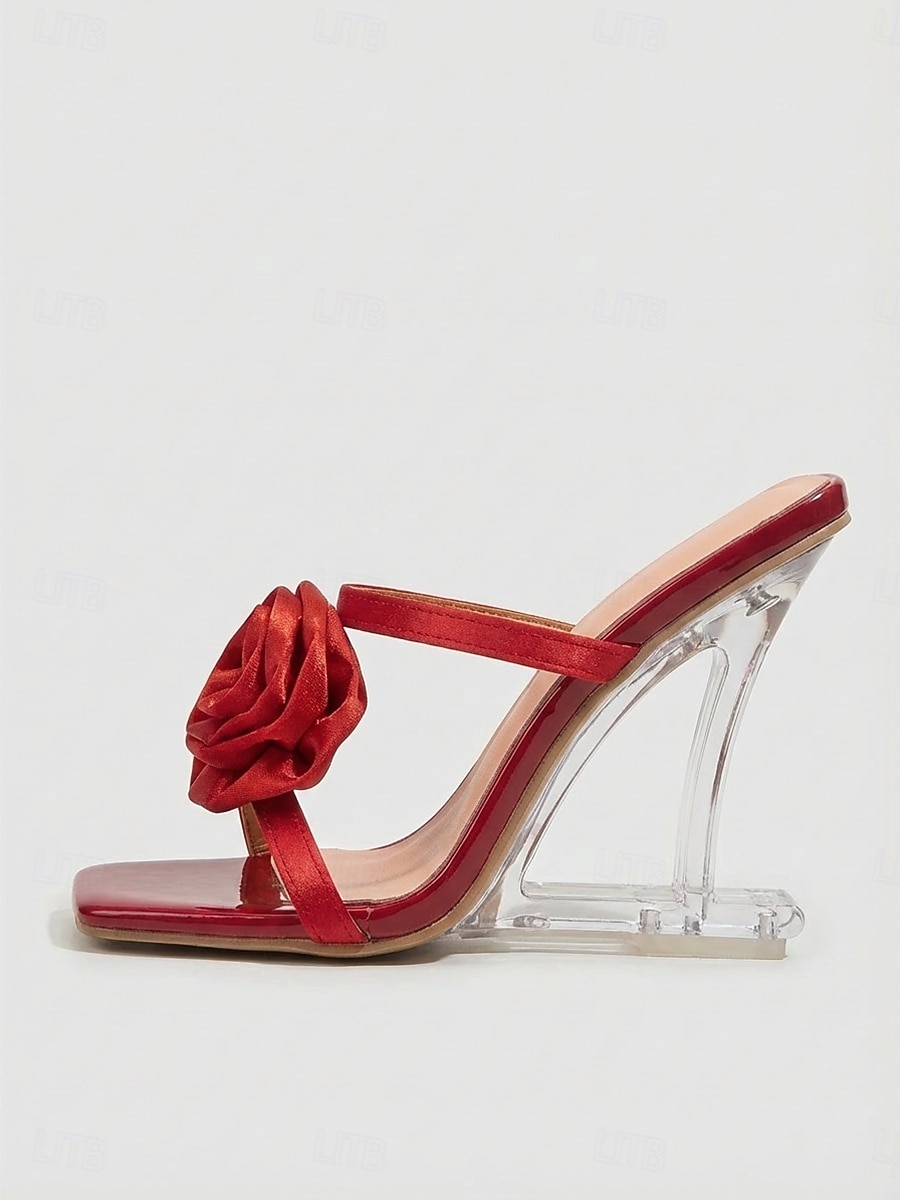 Sandálias femininas de salto transparente com detalhes de rosas vermelhas, sapatos elegantes para convidadas de casamento em casamentos ao ar livre, sandálias de salto aberto com salto transparente de 2026 por $46.99 –P1