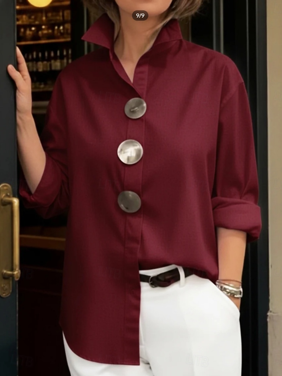 Women's Blouse Buttons Solid Color Elegant Stylish Casual Long Sleeve Lapel Regular Tops Daily Blue Black White Pink Wine Spring Fall 2026 - $22.99 –P5