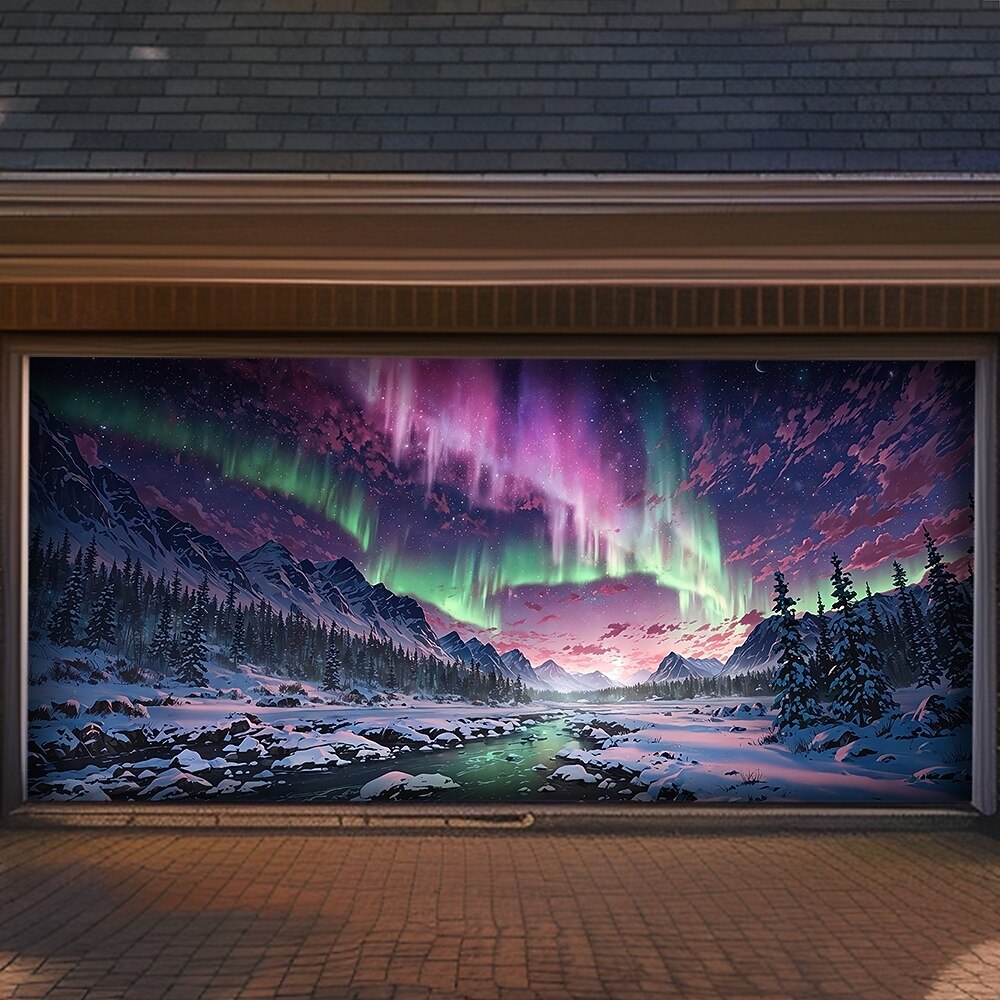 Northern Lights Aurora Borealis Winter Mountain Snowy Pine Forest Starry Night Sky Frozen River Garage Door Banner Outdoor Wall Decor Holiday Mural Christmas Decoration Backdrop 2026 - $49.99 –P1
