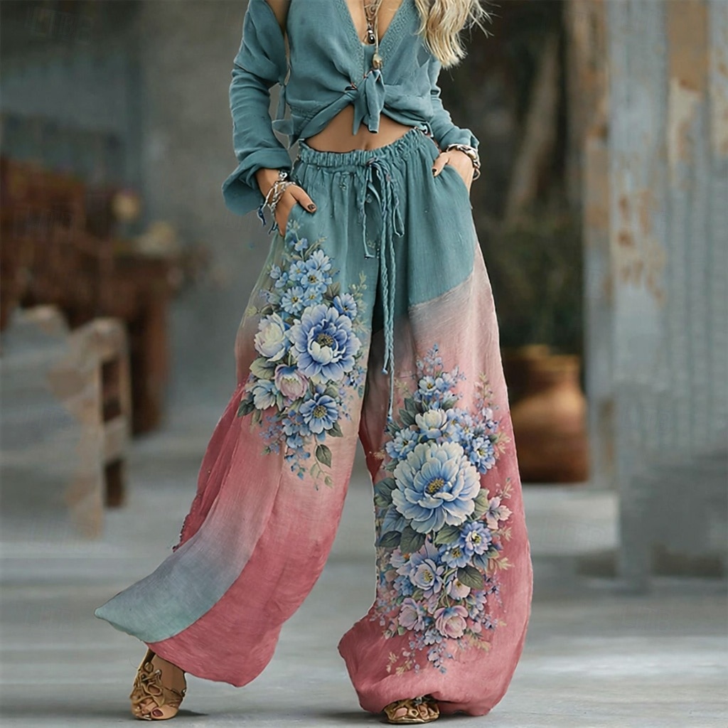Women's Graphic Wide Leg Pants Trousers Palazzo Pants Fashion Boho Full Length High Waist Flower Drawstring Elastic Waist Print Breathability Comfortable Street Daily Wear Going out Blue Pink Purple 2026 - $10.99 –P5