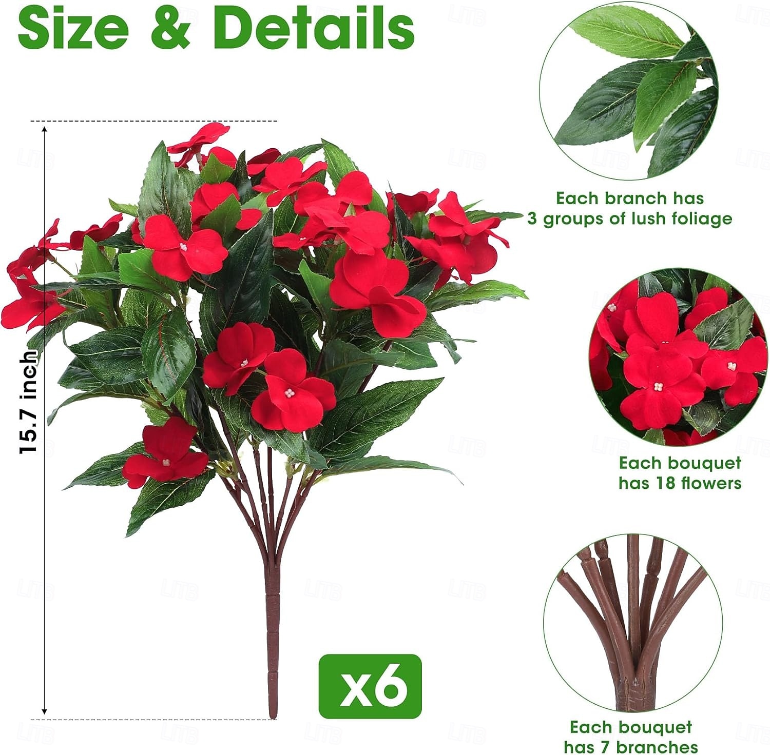 6 ramos de flores artificiales de impatiens para decoración de exteriores, ramo de flores de seda, plantas artificiales resistentes a los rayos UV para primavera y verano, jardín, porche, ventana, 2026 - $31.99 –P3
