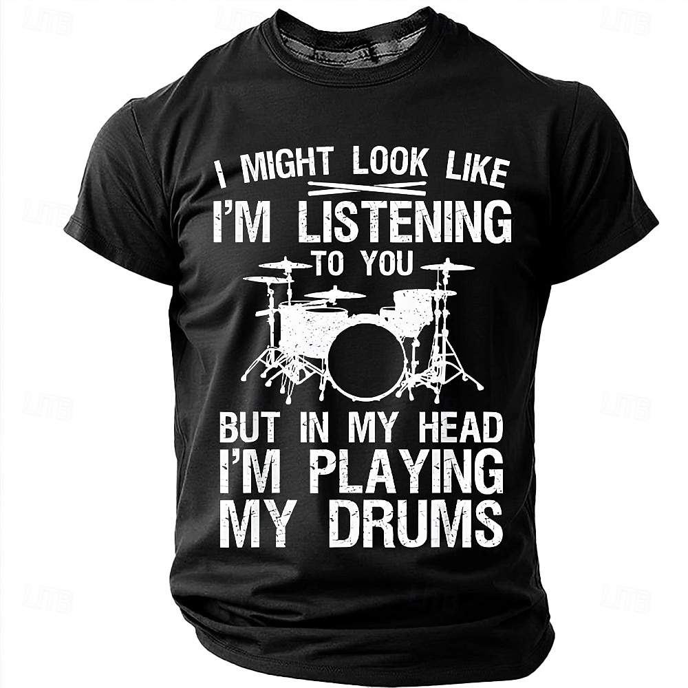 Men's "In My Head I'm Playing My Drums" Funny Drummer Graphic T-Shirt Percussionist Joke Quote Tee Musician Gift Band Practice Gear Distressed Style Casual Short Sleeve Apparel S-3XL 2026 - $21.99 –P1
