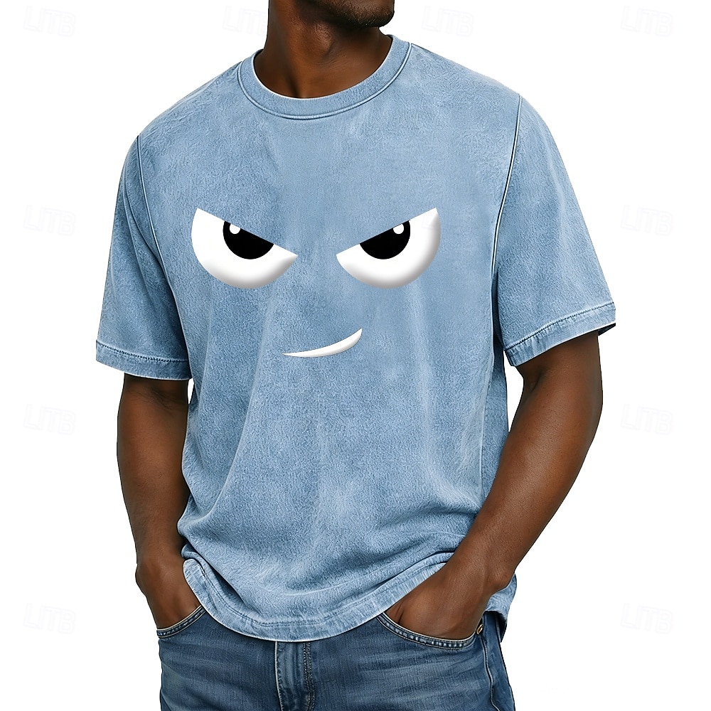 Herren-T-Shirt mit wütendem Grinsen, grimmigen Cartoon-Augen, Acid-Wash-Look, Vintage-Streetwear-Design, Kurzarm, Rundhalsausschnitt, lässige Alltagskleidung, Designer-Bekleidung, Größen: S, M, L, XL, 2026 - $21.99 –P2