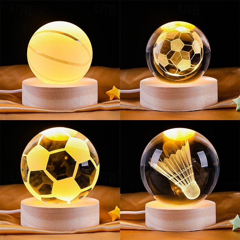 Lampada a sfera di cristallo 3D da 6 cm con disegno sportivo inciso: calcio, basket, badminton, tennis, luce notturna a LED alimentata tramite USB con base in legno per camera da letto, feste, del 2026 a $8.99 –P5