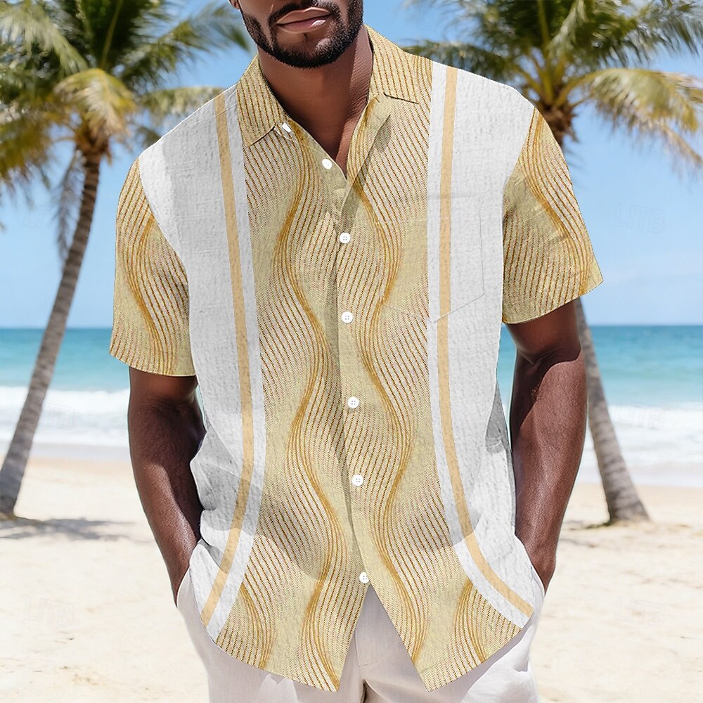 Men's Geometric Waves Button Up Shirt Crinkle Shirt Seersucker Shirt Short Sleeve Fashion Casual Daily Beach Vacation Wear Summer Spring Turndown 3D Print Bubble Textured Shirt Soft Blue Yellow 2026 - $25.99 –P4