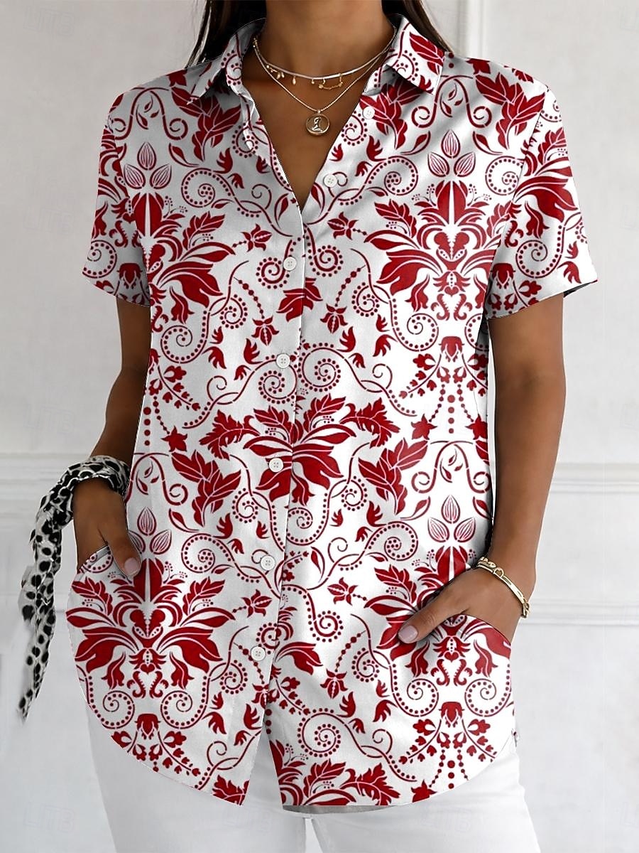 Women's Shirt Buttons Print Floral Graphic Vintage Stylish Modern Short Sleeve Shirt Collar Long Tops Daily Blue Red Purple Green Summer Spring 2026 - $26.99 –P3