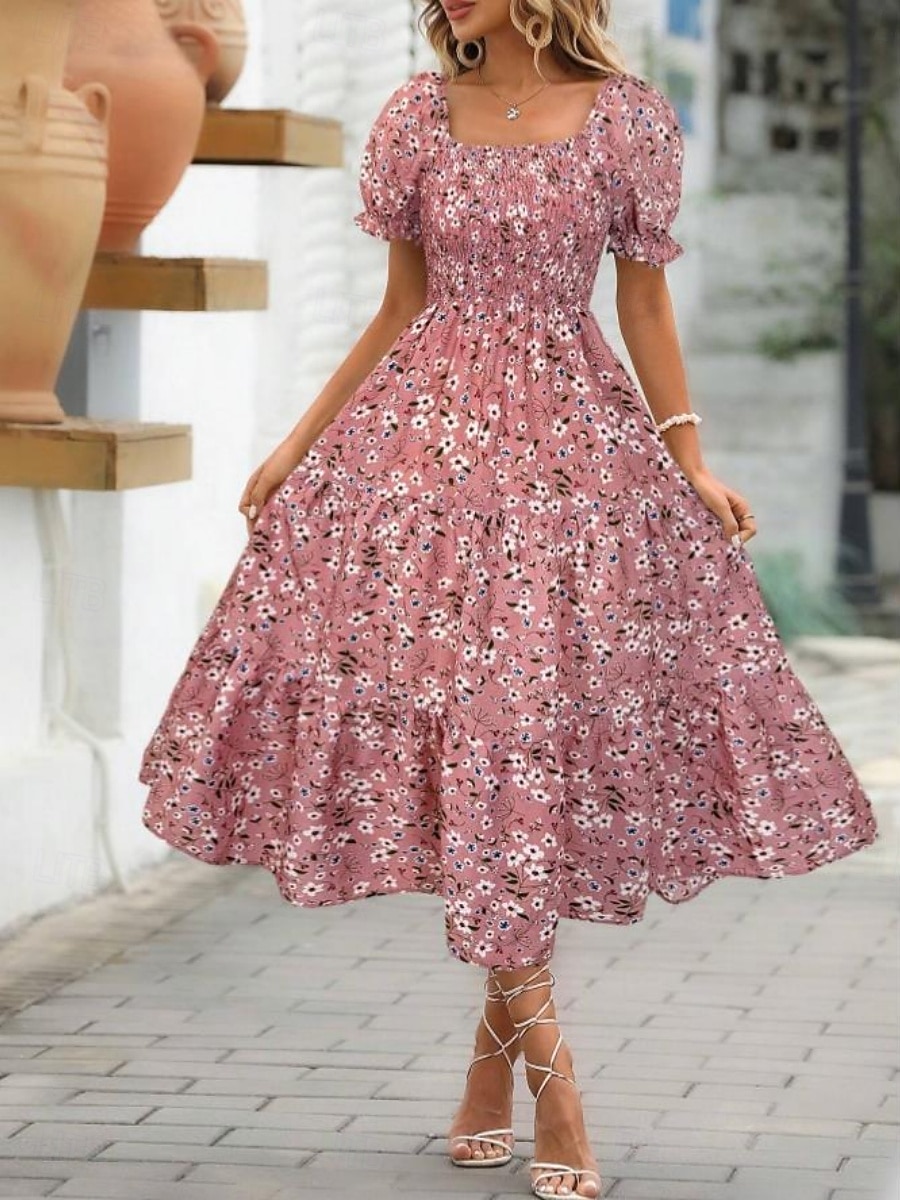 Women's Midi Dress Casual Dress Floral Dress Elegant Fashion Modern Outdoor Vacation Going out Regular Fit Floral Short Sleeve Square Neck Blue Black White Pink Summer Spring 2026 - $25.99 –P13