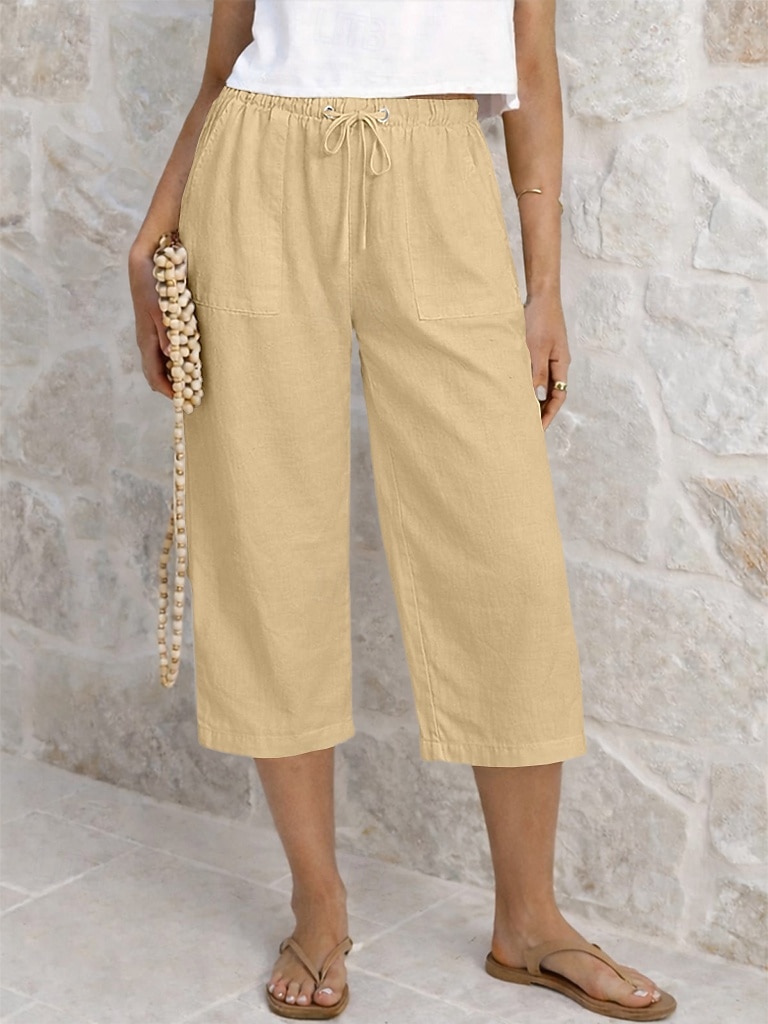 Dam Capribyxor Sommarshorts Beskurna byxor Capri byxor i linne Mode Grundläggande Vadlängd Medium Midja Slät Snörning Ficka Elastisk midja Lättvikt Andningsfunktion Oelastisk Semester Gata Dagliga 2026 - $22.99 –P13