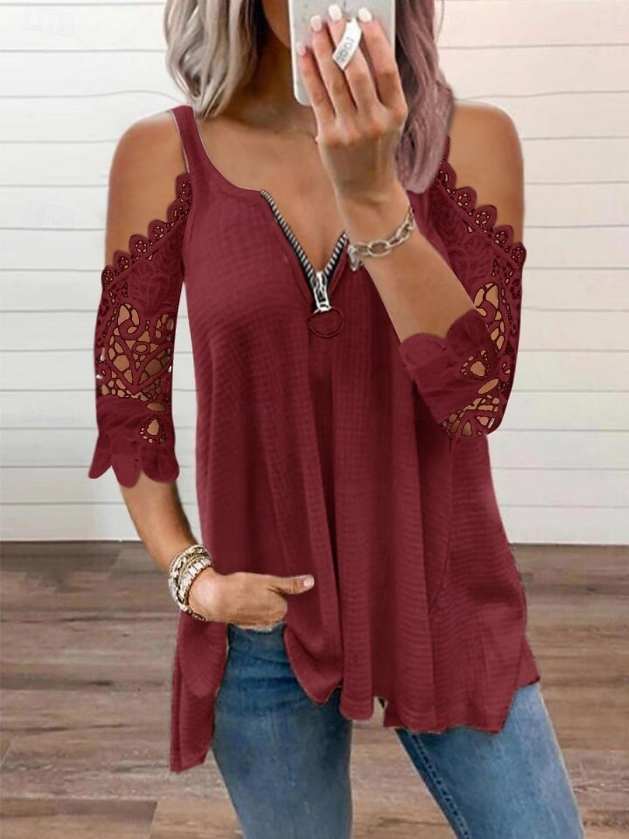 Mujer Camisa Parte superior con ojales Blusa Tops de encaje Cremallera Ojal Plano Elegante Clásico Moderno Manga Larga Escote en Pico Tops regulares Diario Festivos Noche Azul Piscina Blanco Rosa 2026 - $24.99 –P4
