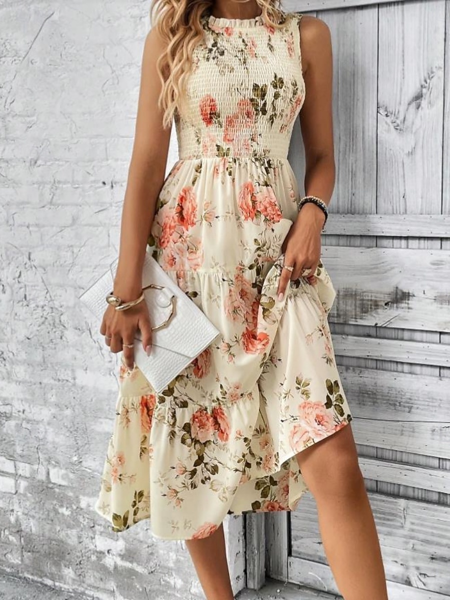 Damskie Sukienka midi Codzienne sukienki Sukienka A line Sukienka w kwiatki Elegancja Moda Nowoczesny Na zewnątrz Urlop Wyjściowe Regularny Kwiaty Bez rękawów Półgolf Niebieski Biały Rumiany róż Lato 2026 - $27.99 –P2