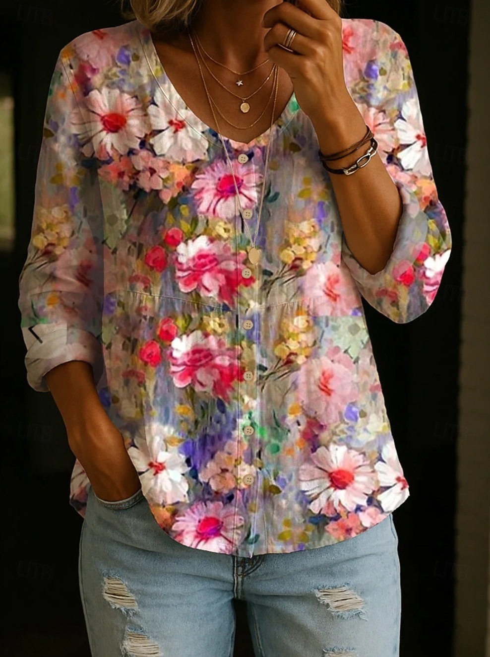 Women's Blouse Buttons Print Floral Graphic Elegant Vacation Vintage Long Sleeve Crew Neck Regular Tops Daily Yellow Pink Purple Fuchsia Orange Summer Spring Fall 2026 - $25.99 –P2