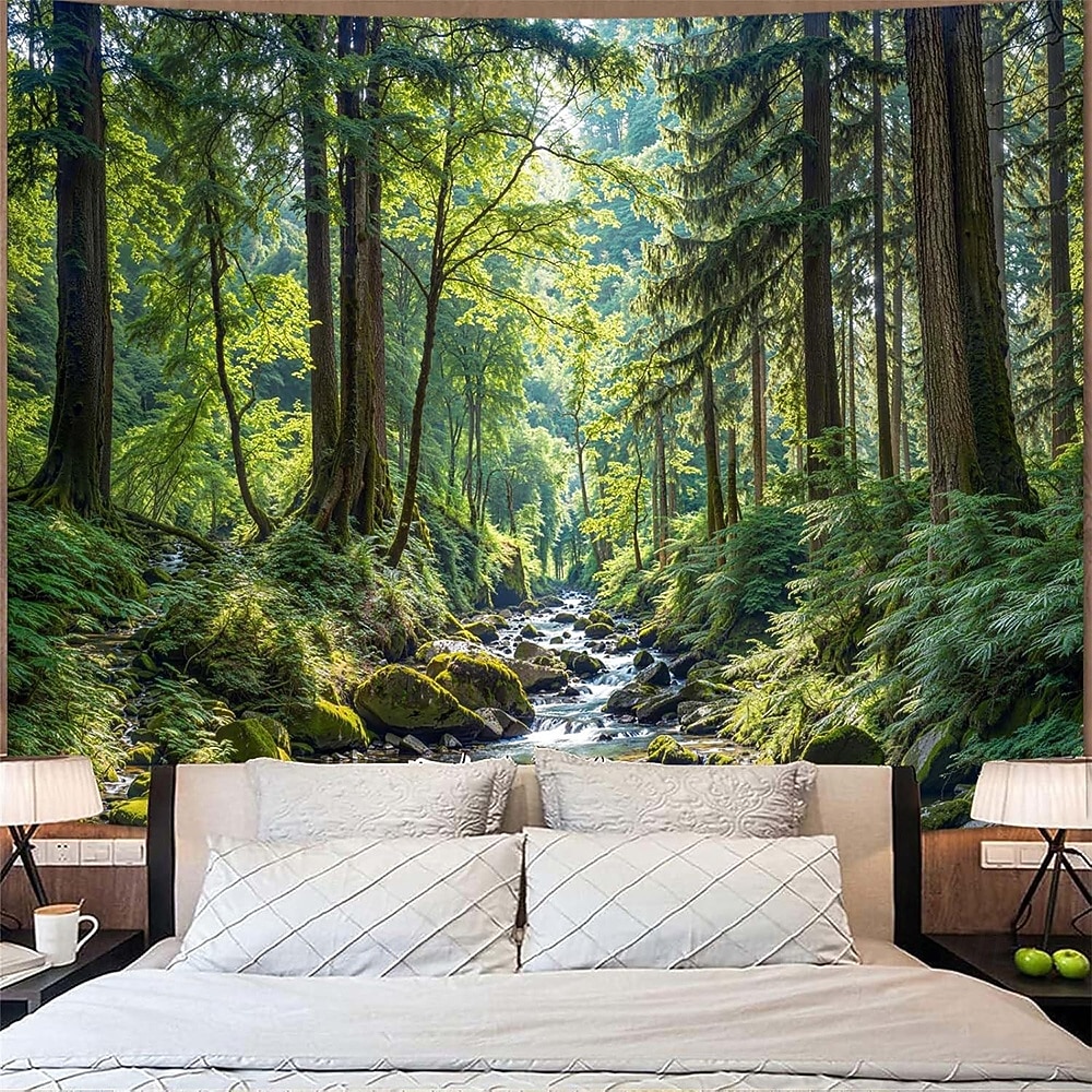 Lush Green Forest Stream Nature Landscape Wall Tapestry Sunbeams Woodland River Mossy Rocks Wall Hanging Home Decor Living Room Bedroom Office Backdrop Art Mural 2026 - $19.99 –P2
