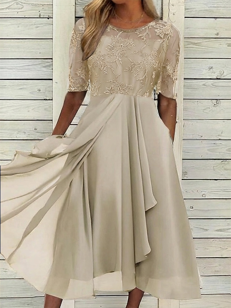 Damen Midikleid Spitzenkleid Cocktailkleid Kleid für Hochzeitsgäste Chiffonkleid Elegant Formell Party Hochzeit Normale Passform Halbarm Rundhalsausschnitt Blau Rosa Wein Dunkelgrün Sommer 2026 - $44.99 –P8