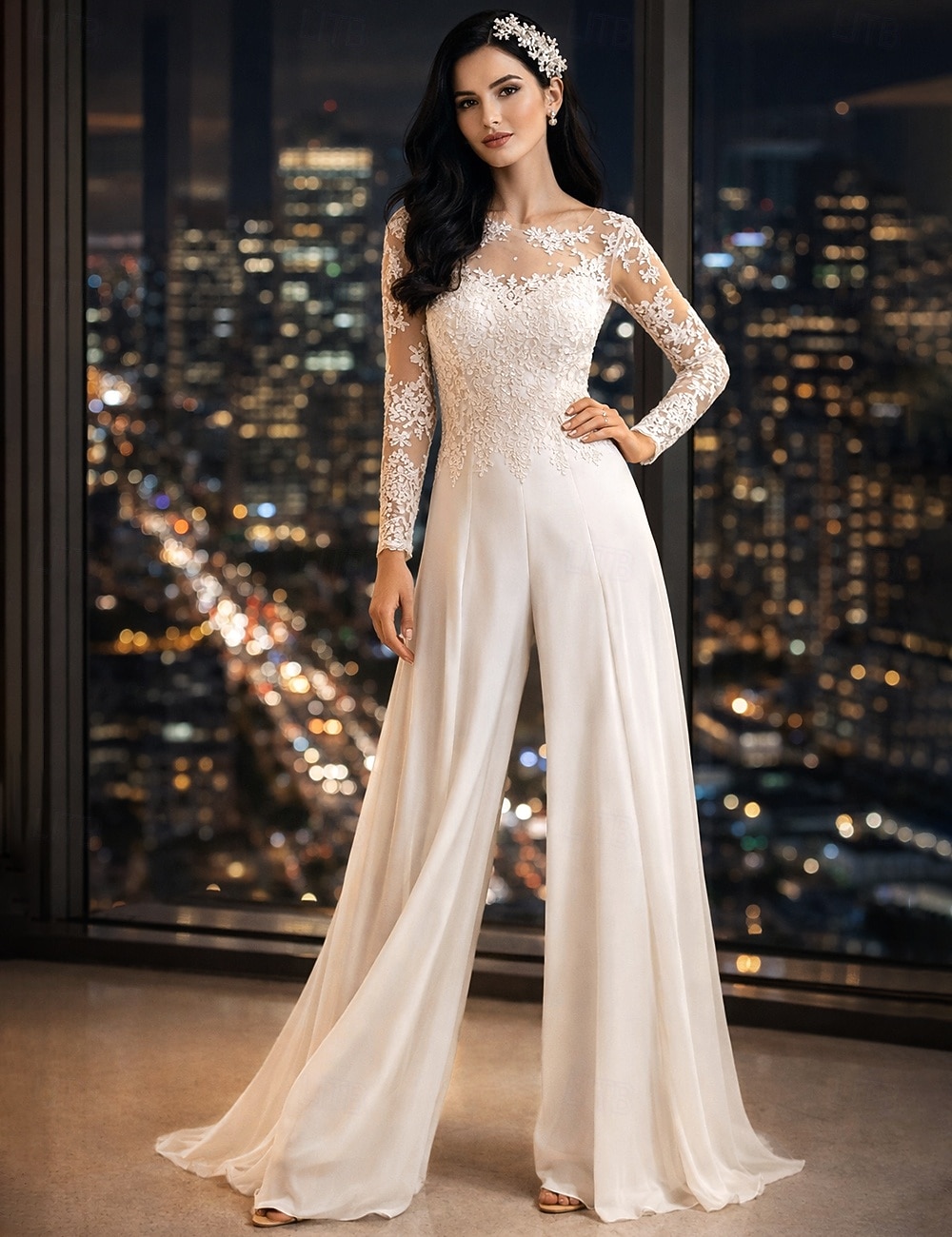 Strandhochzeit Halle Lässige Hochzeitskleider Jumpsuits Illusion Hals Langarm Bodenlang Chiffon Brautkleider Mit Applikationen 2026 - $164.99 –P1